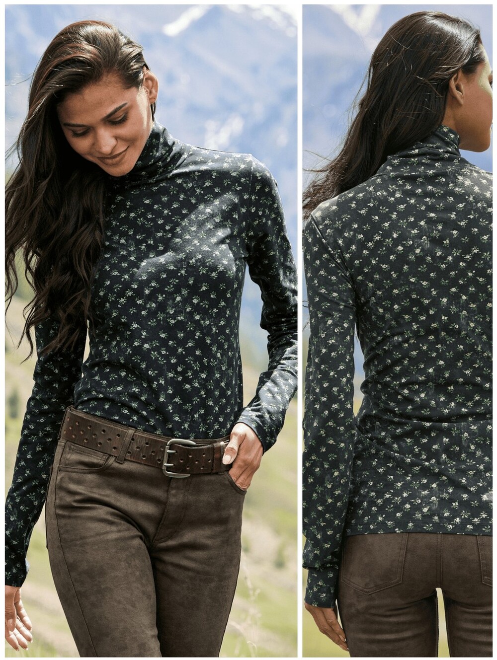Peruvian Connection Floral Rose Green pima Cotton Turtleneck Top, L